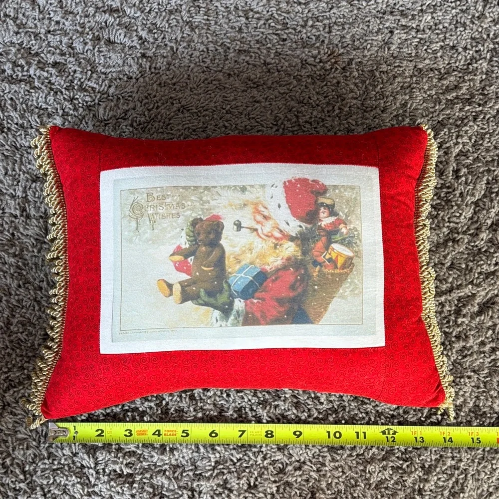 Festive Red Santa Holiday Pillow with Gold Trim